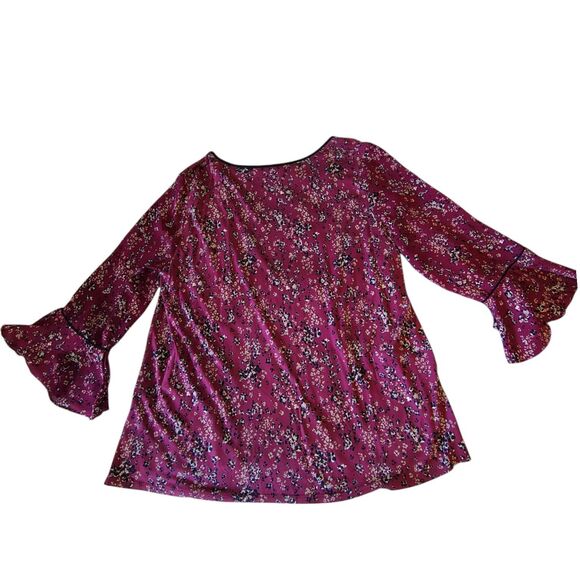 Loft Floral Burgundy Color Tunic Blouse 3/4 Bell Sleeve Round Neckline Size M - Picture 2 of 7